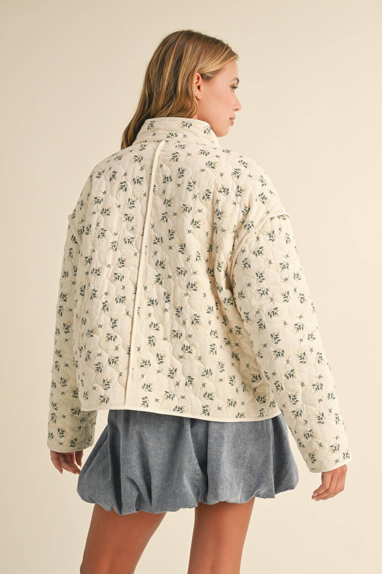 IJ1539 DITSY FLORAL PADDED QUILTED OPEN FRONT JACKET