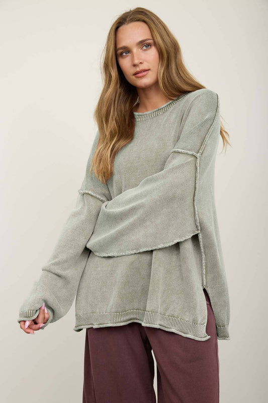 WASHED RAW EDGE CREW NECK DROP SLEEVE SWEATER