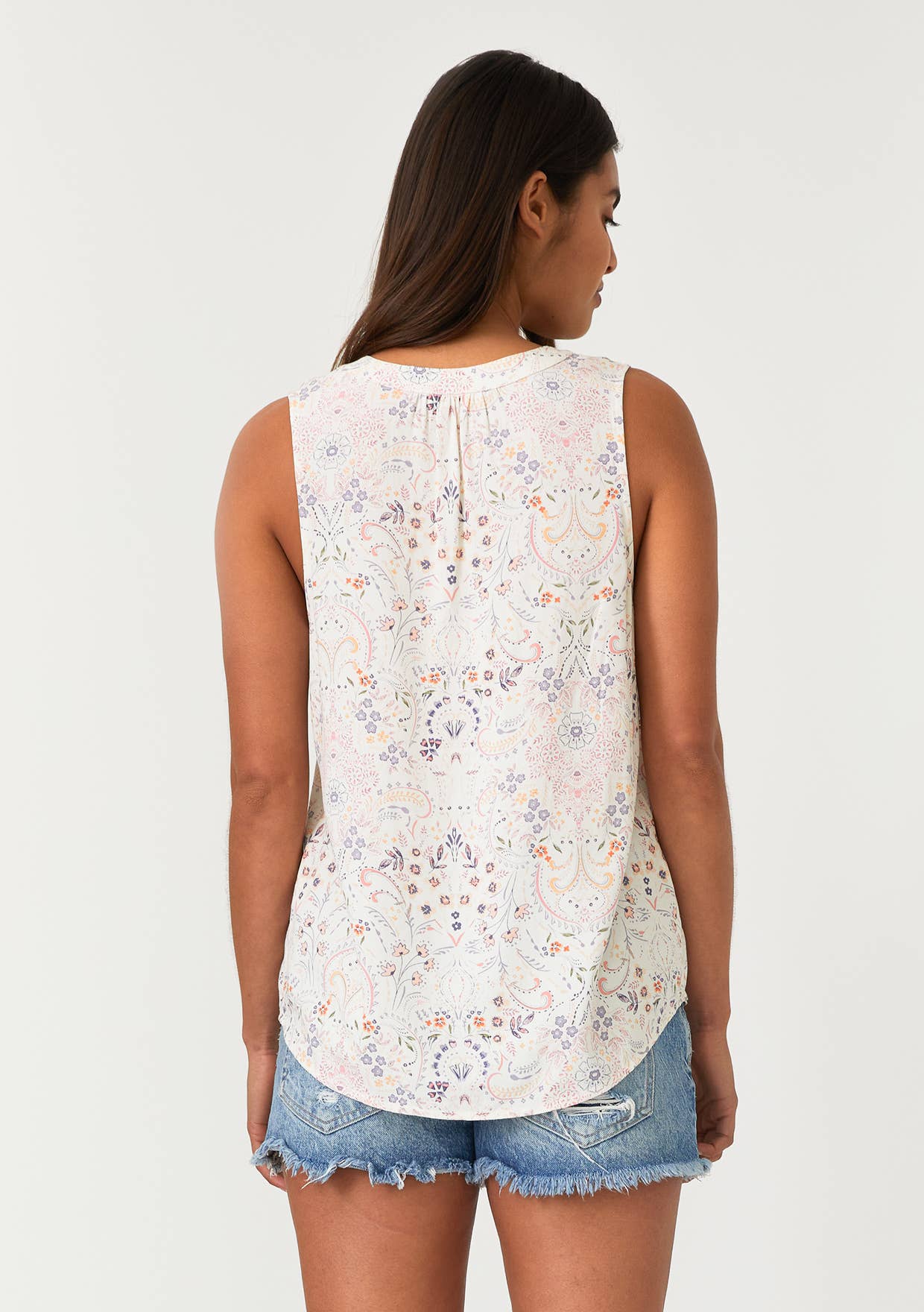 Floral Lattice Trim Split V Neck Tank Top