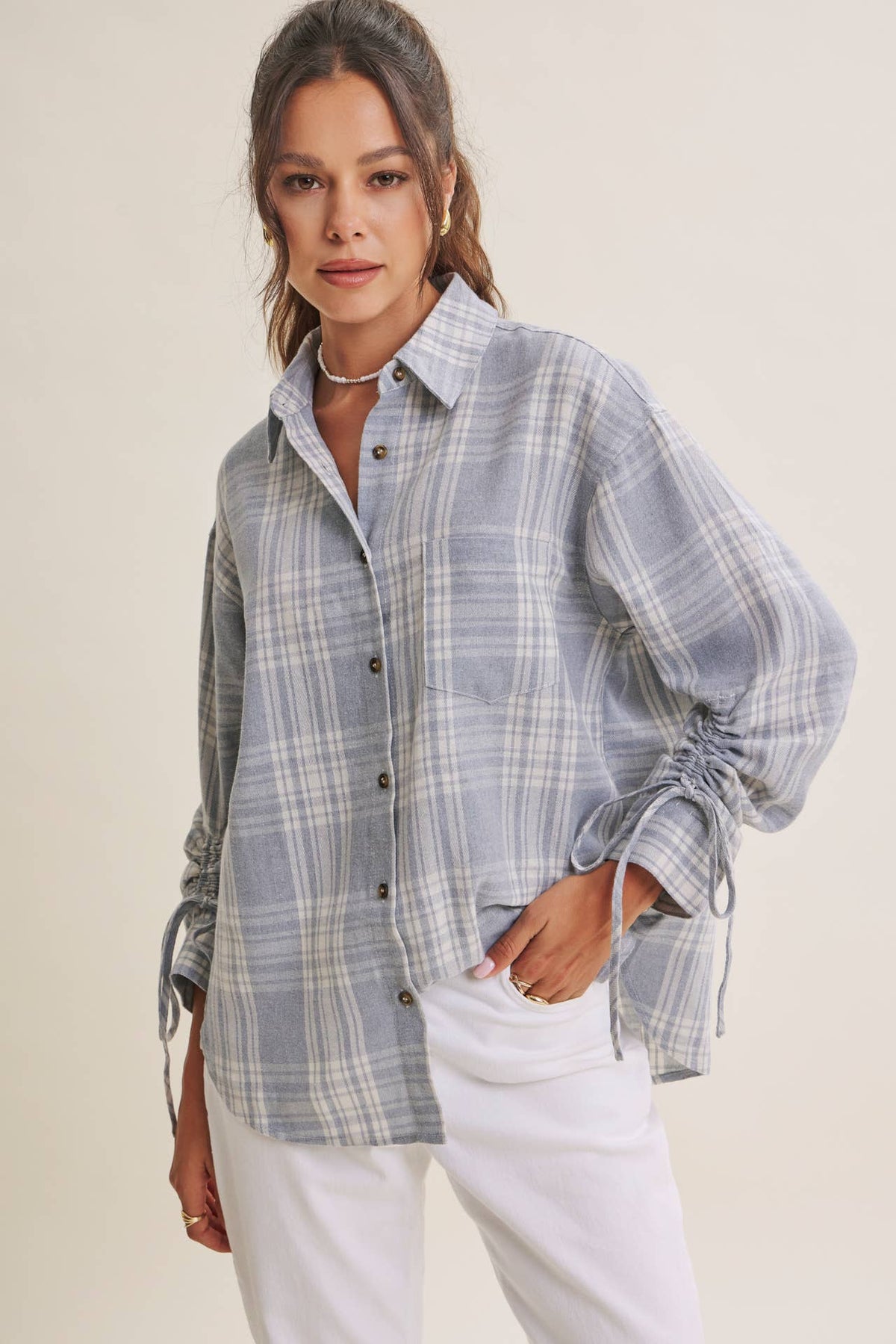 PLAID RUCHED SLEEVES SHIRT