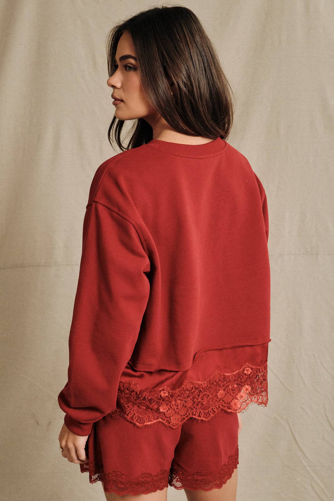 Round Neck Lace Trimmed Hem Long Sleeve Sweatshirt