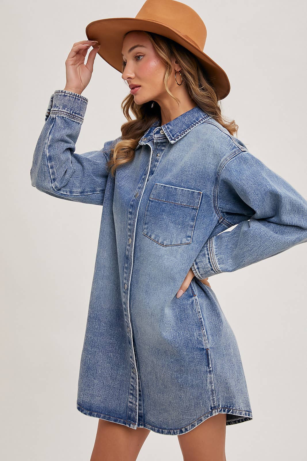 DENIM BUTTON DOWN SHIRT DRESS WITH POCKETS