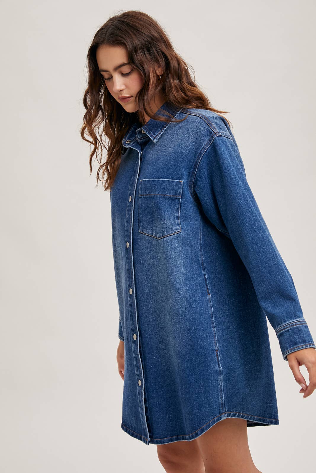 DENIM BUTTON DOWN SHIRT DRESS WITH POCKETS