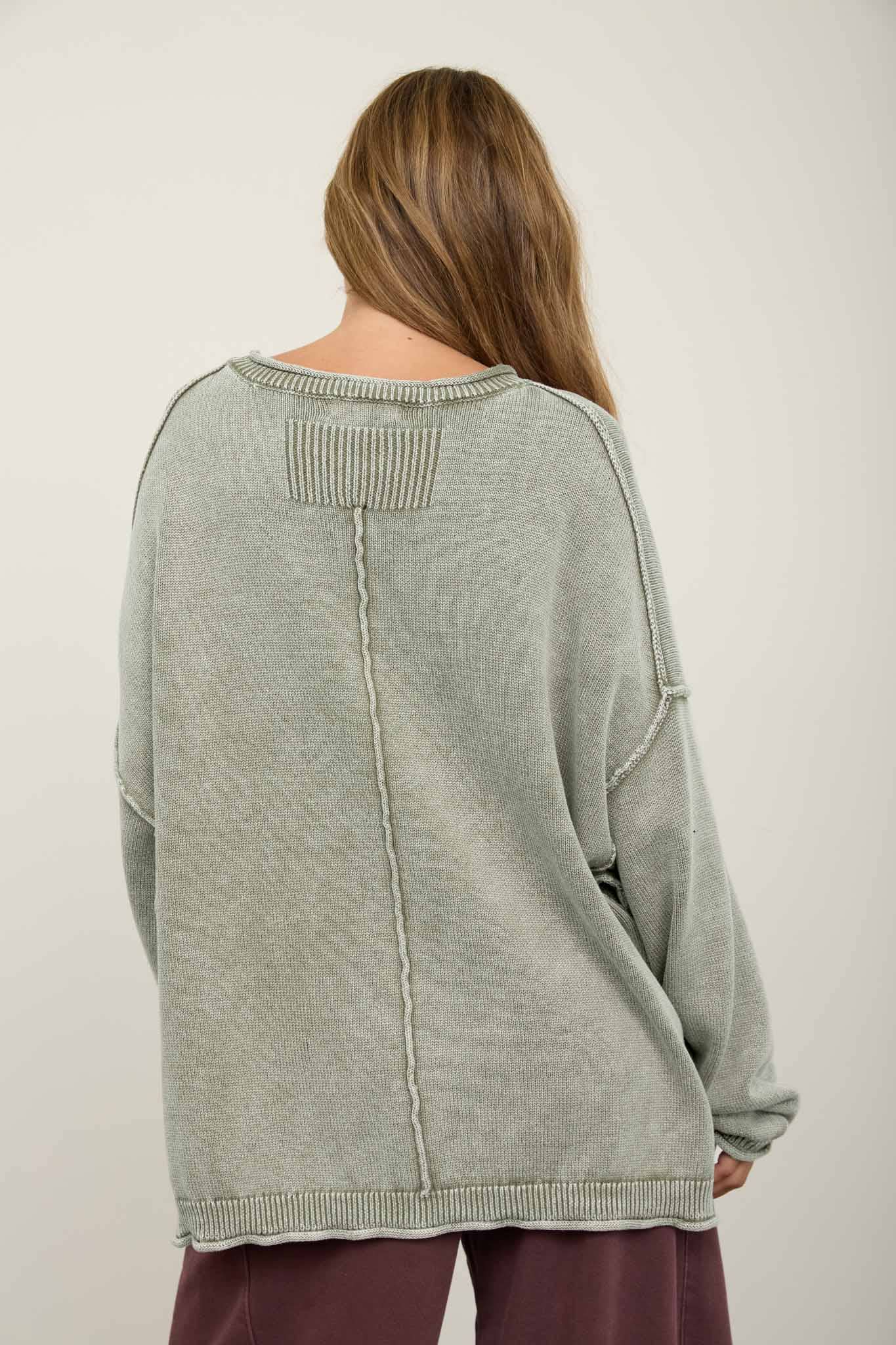 WASHED RAW EDGE CREW NECK DROP SLEEVE SWEATER
