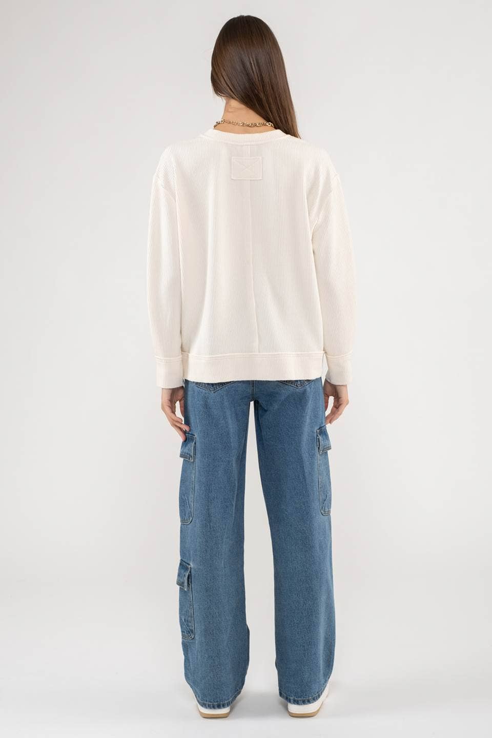 SPLIT NECK RIB KNIT TOP