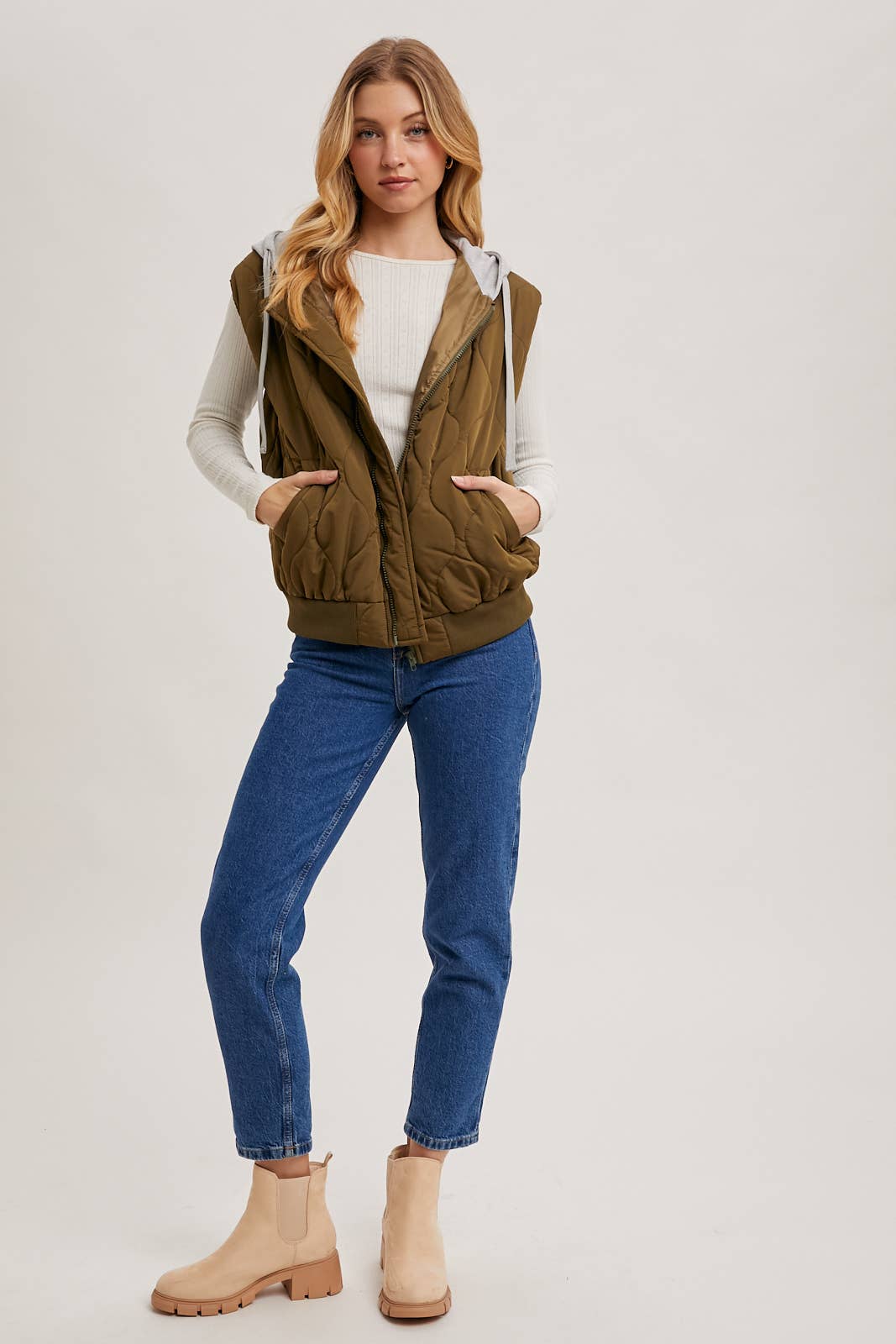 ZIPPER FRONT QUILTED PUFFER VEST CONTRAST HOODIE