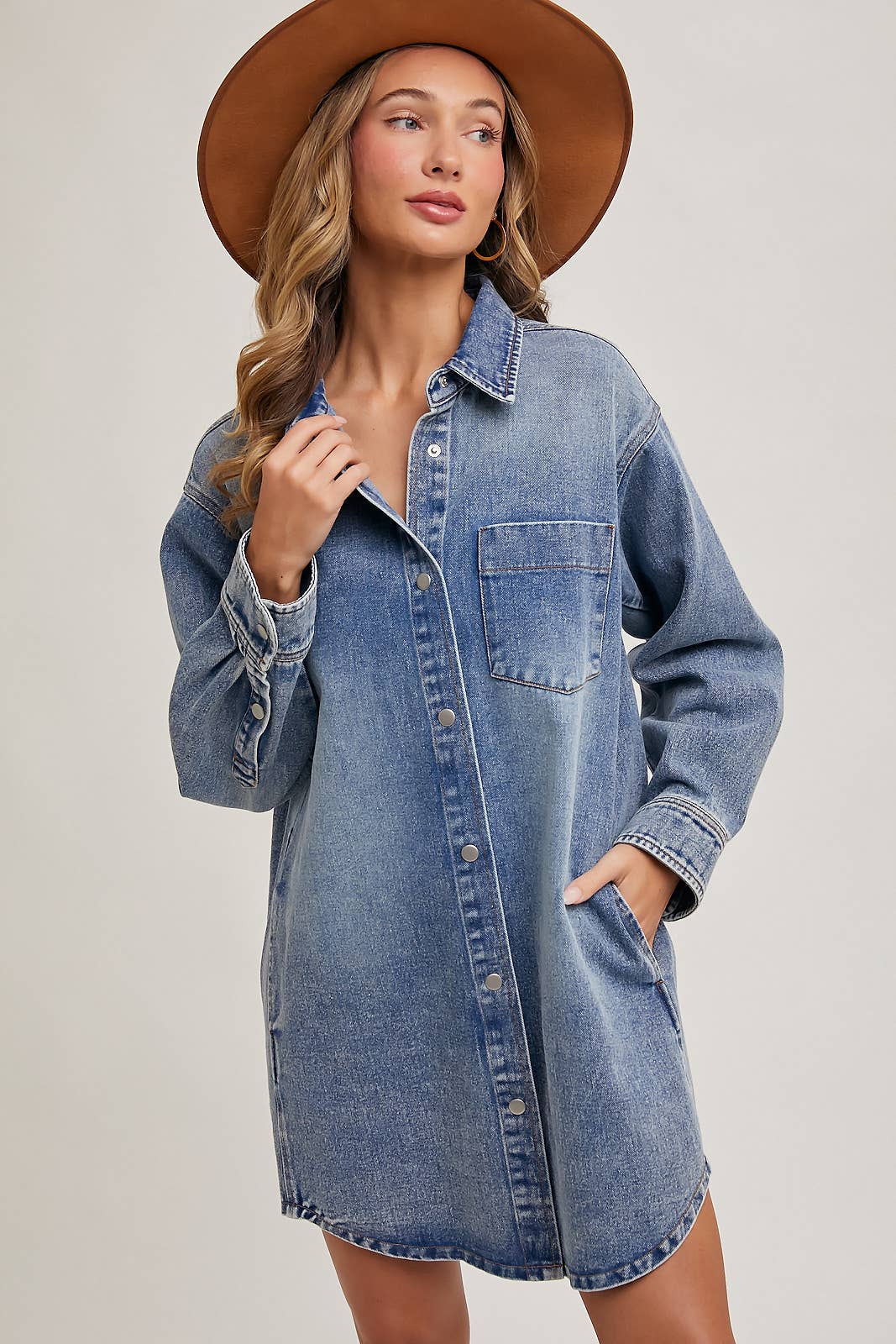 DENIM BUTTON DOWN SHIRT DRESS WITH POCKETS