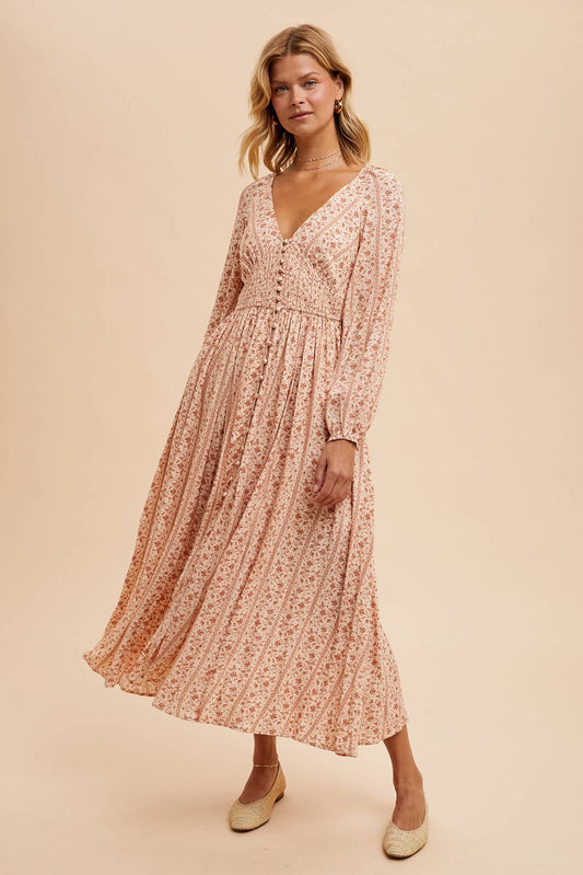 SMOCKED FLORAL MAXI DRESS