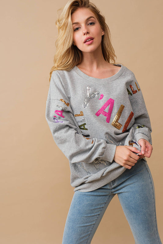 50008T - Sequin Embellished Y'all Graphic Sweatshirt