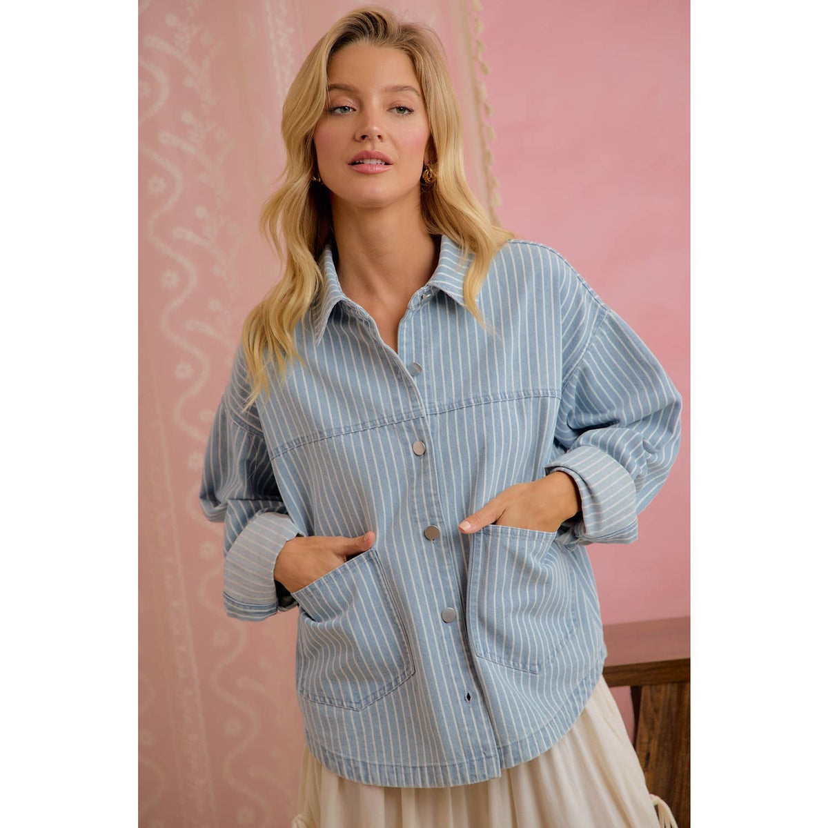 STRIPED COTTON BLEND BUTTON FRONT SHACKET WITH POCKETS