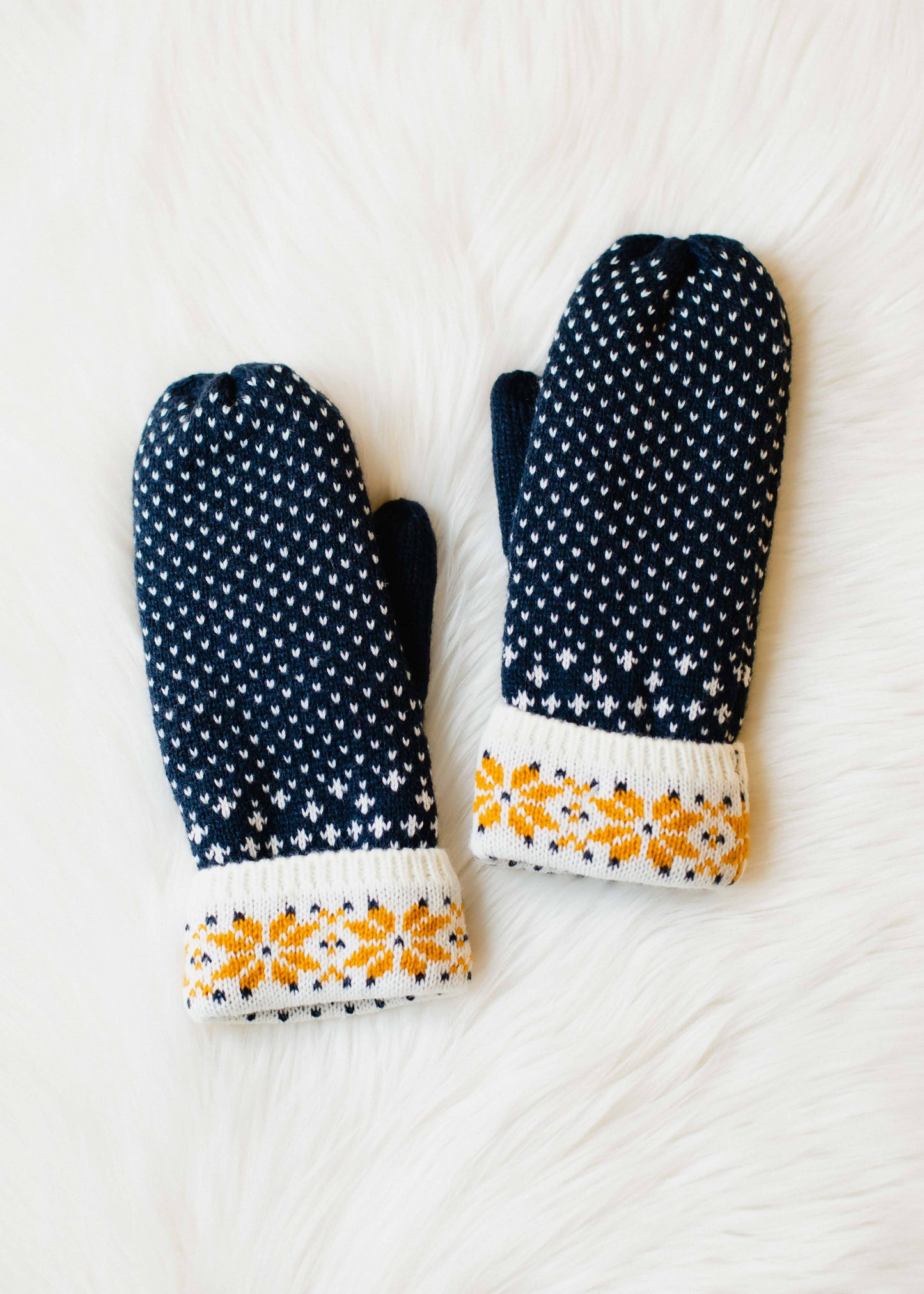 Navy, White & Mustard Patterned Mittens