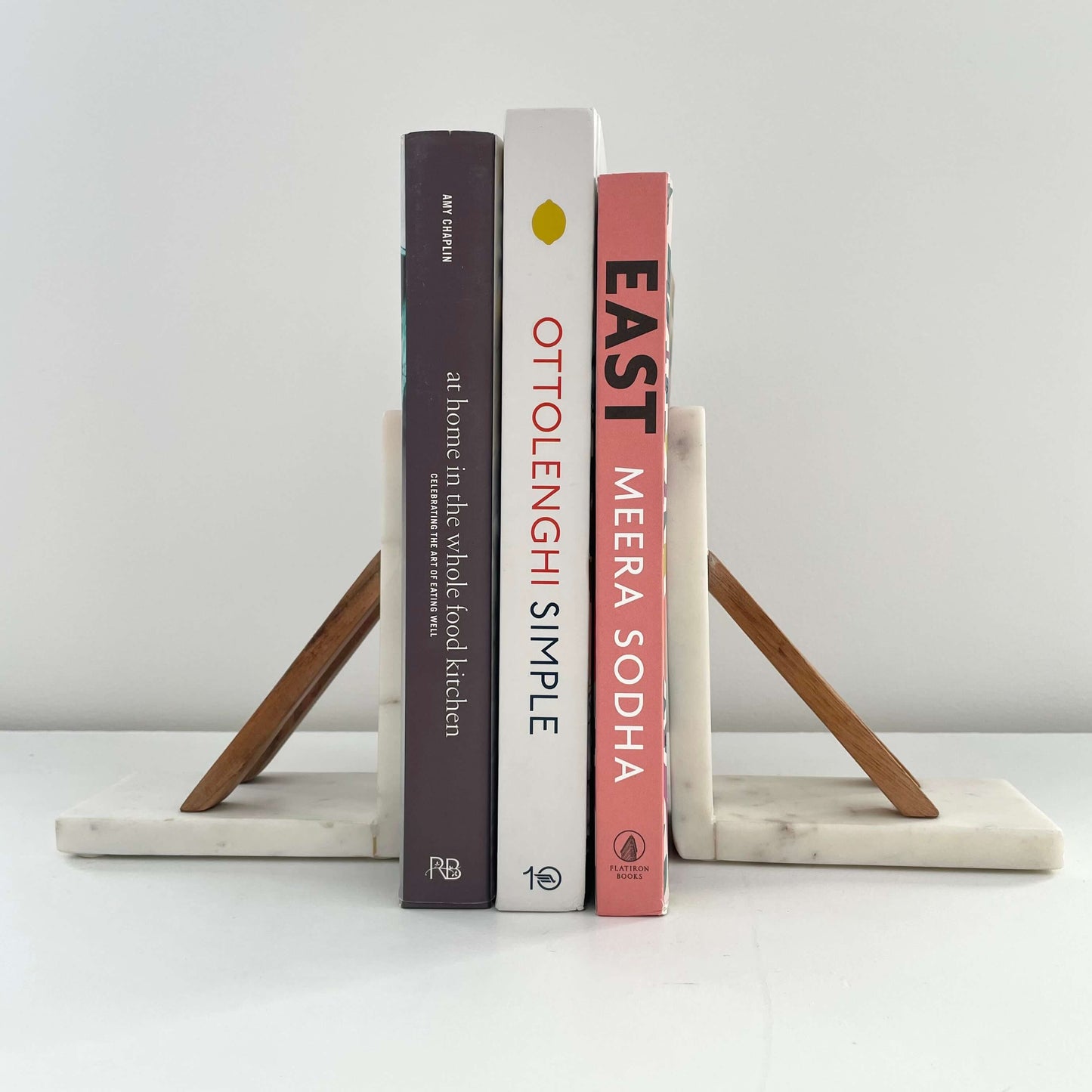 White marble & acacia wood handmade minimal neutral bookends