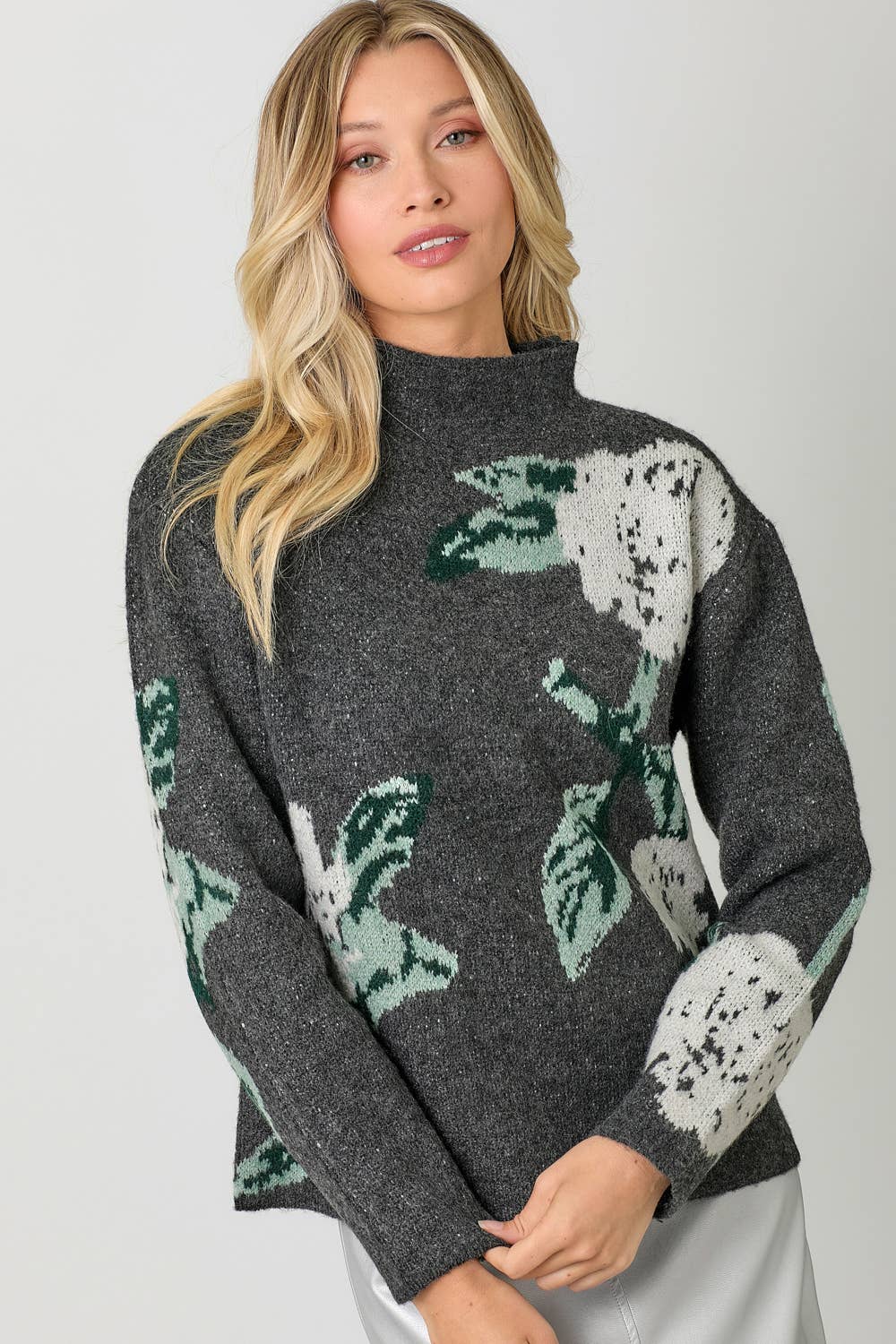 60767 Floral Print Funnel Neck Sweater