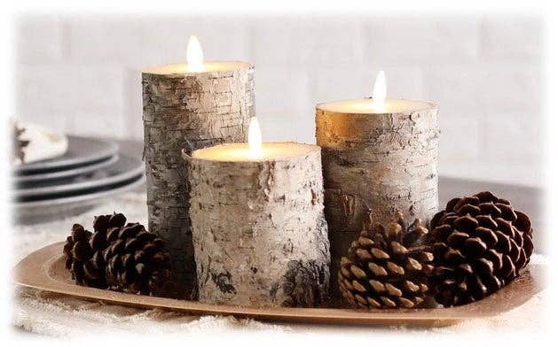 LED Wax Candles Wrapped in Natural Bark with Remote – Set/3