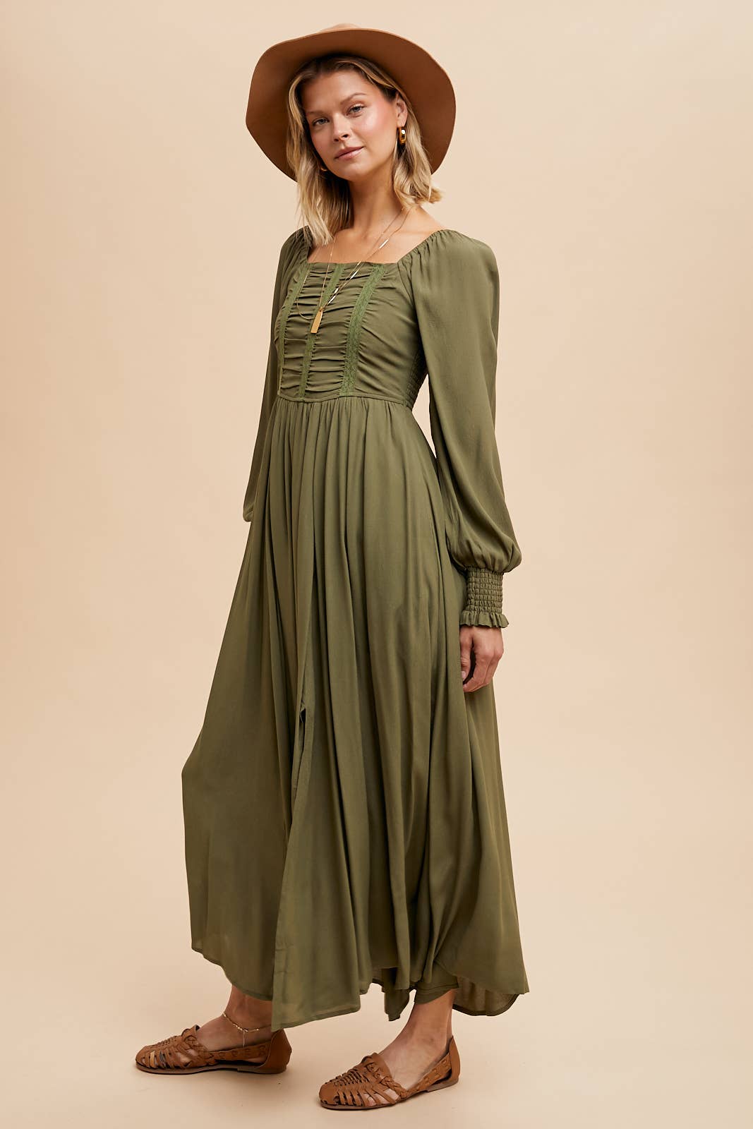 RUCHED BODICE SQUARE NECK MAXI DRESS