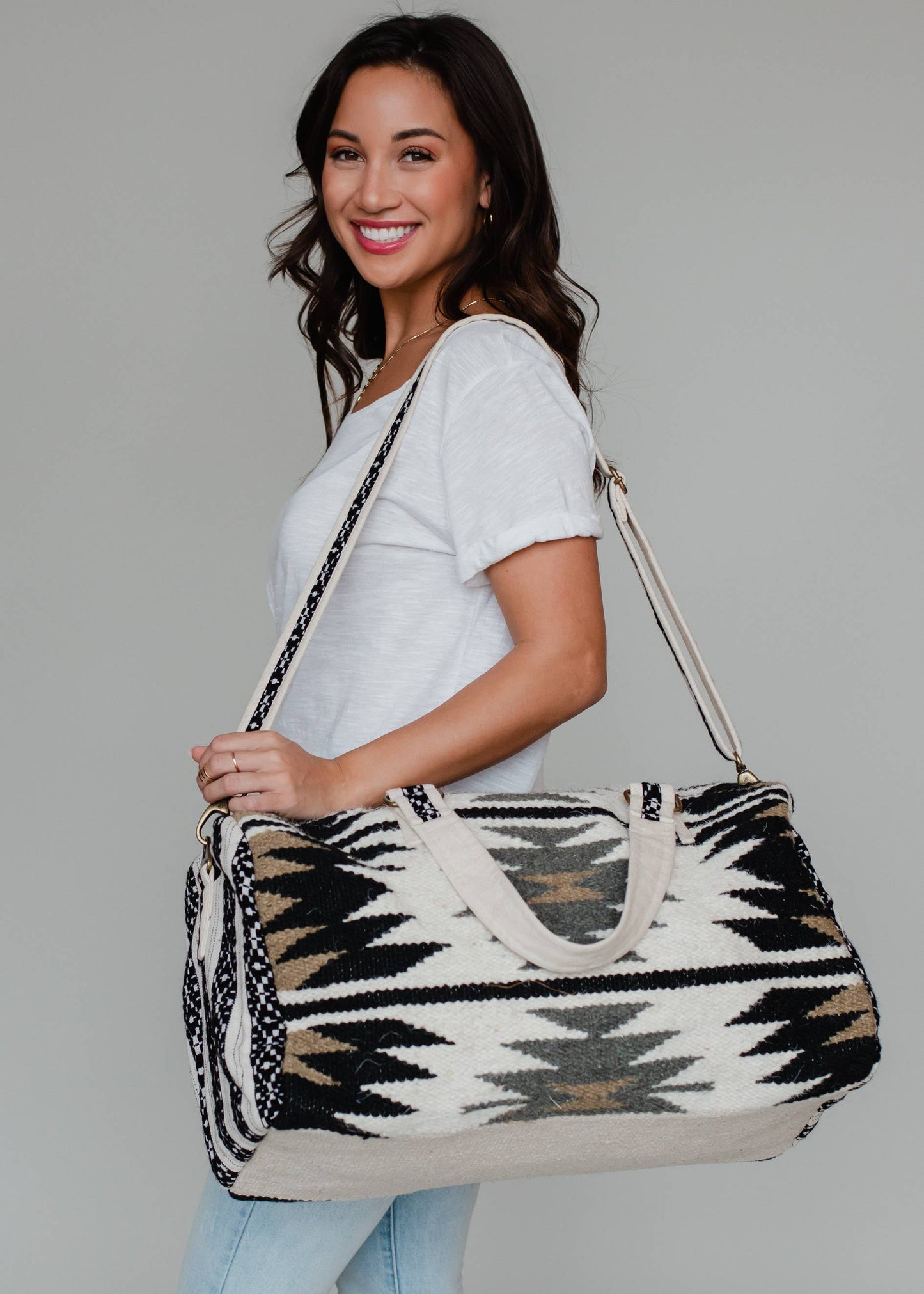 Cream, Black, Tan & Gray Aztec Duffel