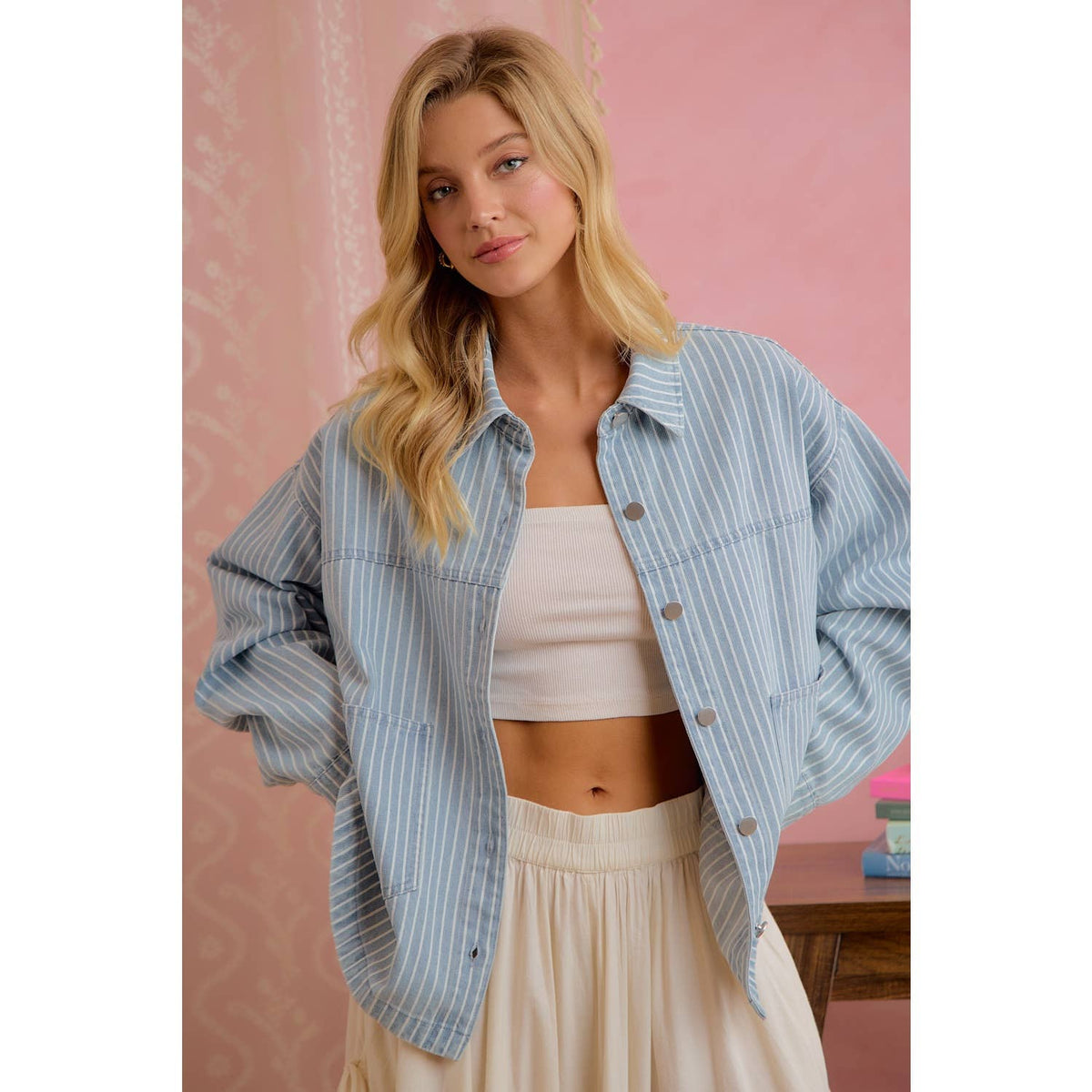 STRIPED COTTON BLEND BUTTON FRONT SHACKET WITH POCKETS
