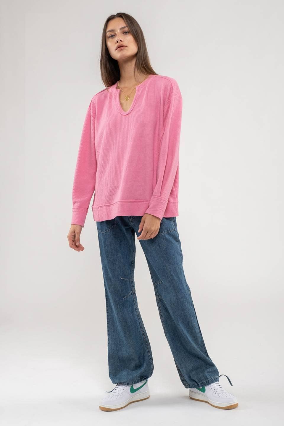 SPLIT NECK RIB KNIT TOP