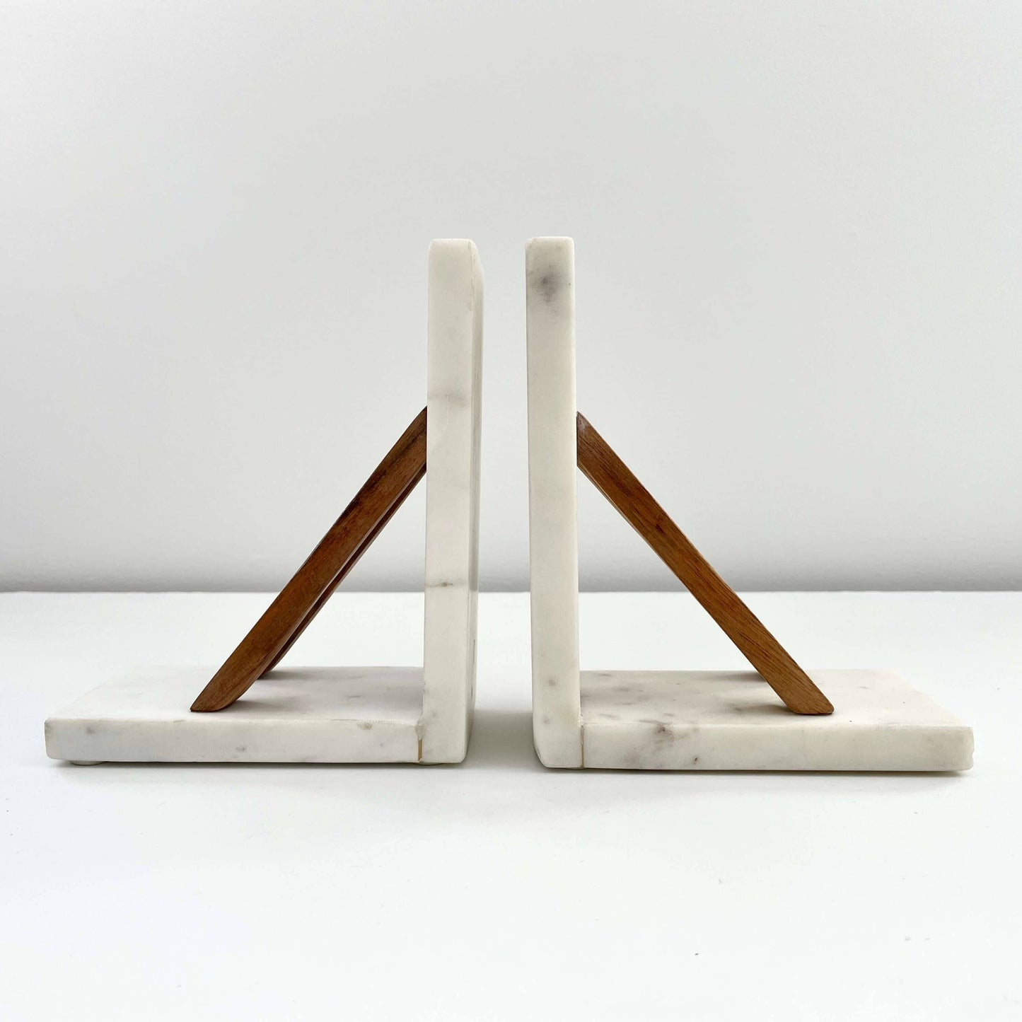 White marble & acacia wood handmade minimal neutral bookends