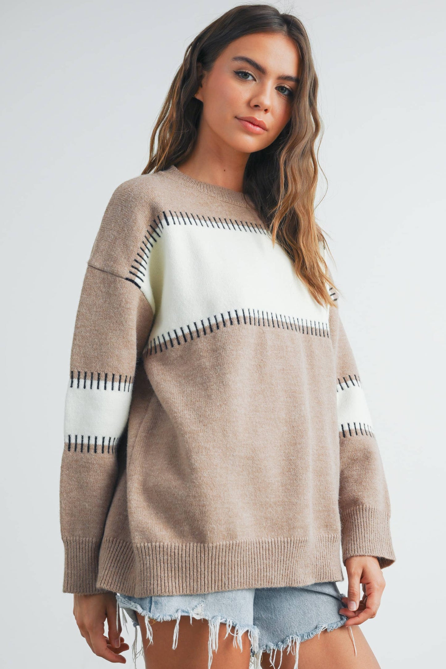 BLOCK STRIPED CREW NECK SWEATER