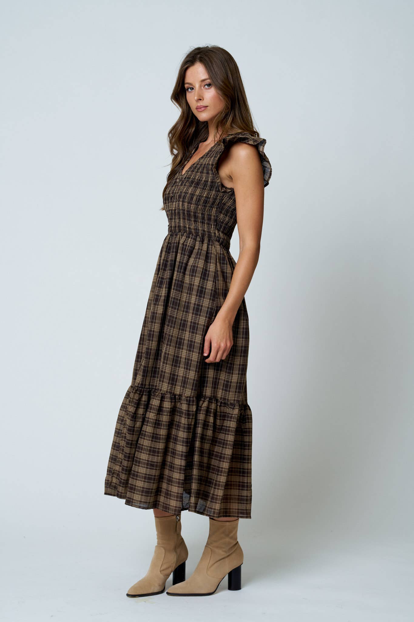 Plaid Button Down Ruffled Midi Dress