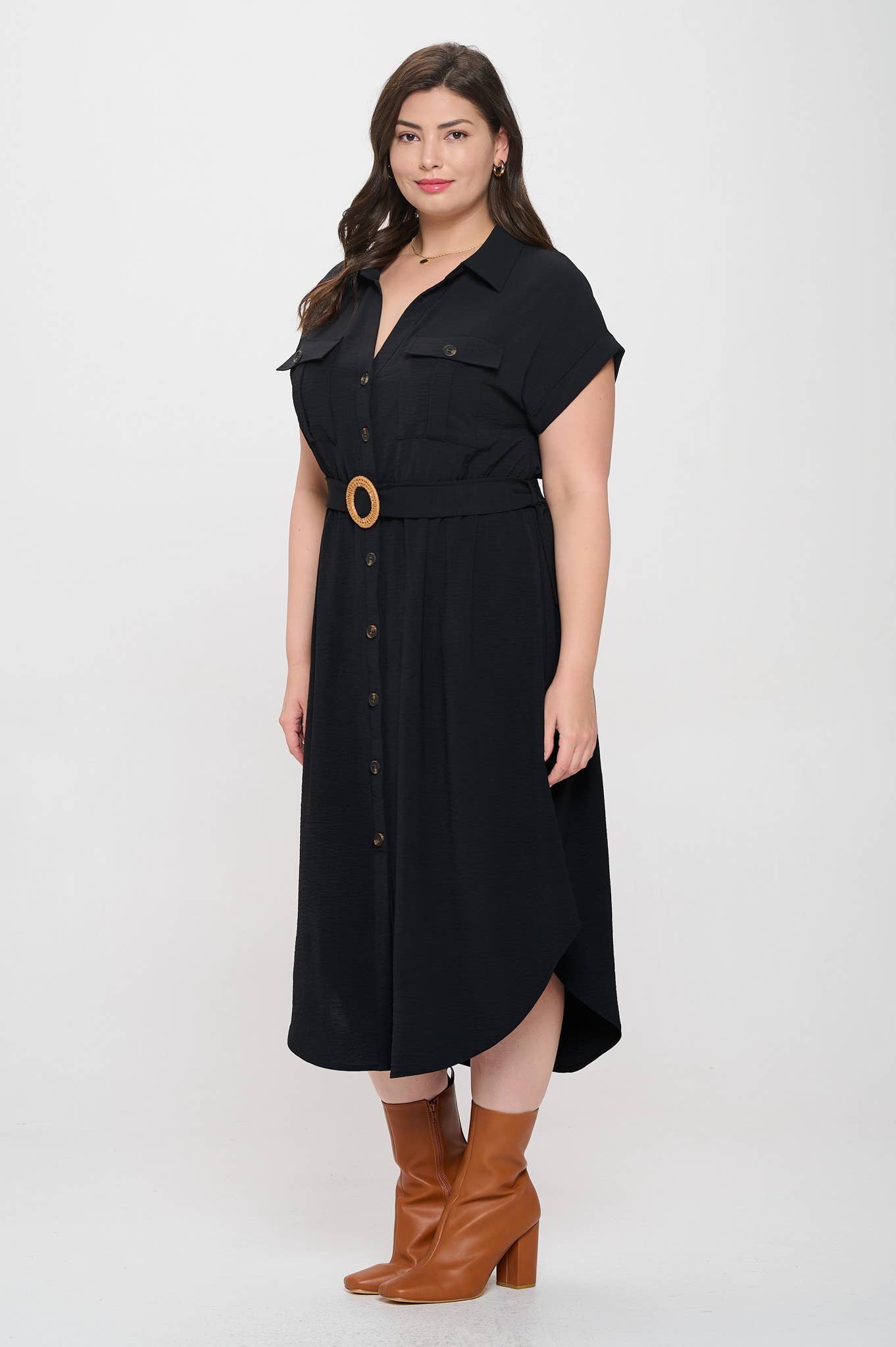 BUTTON DOWN BELTED DRESS