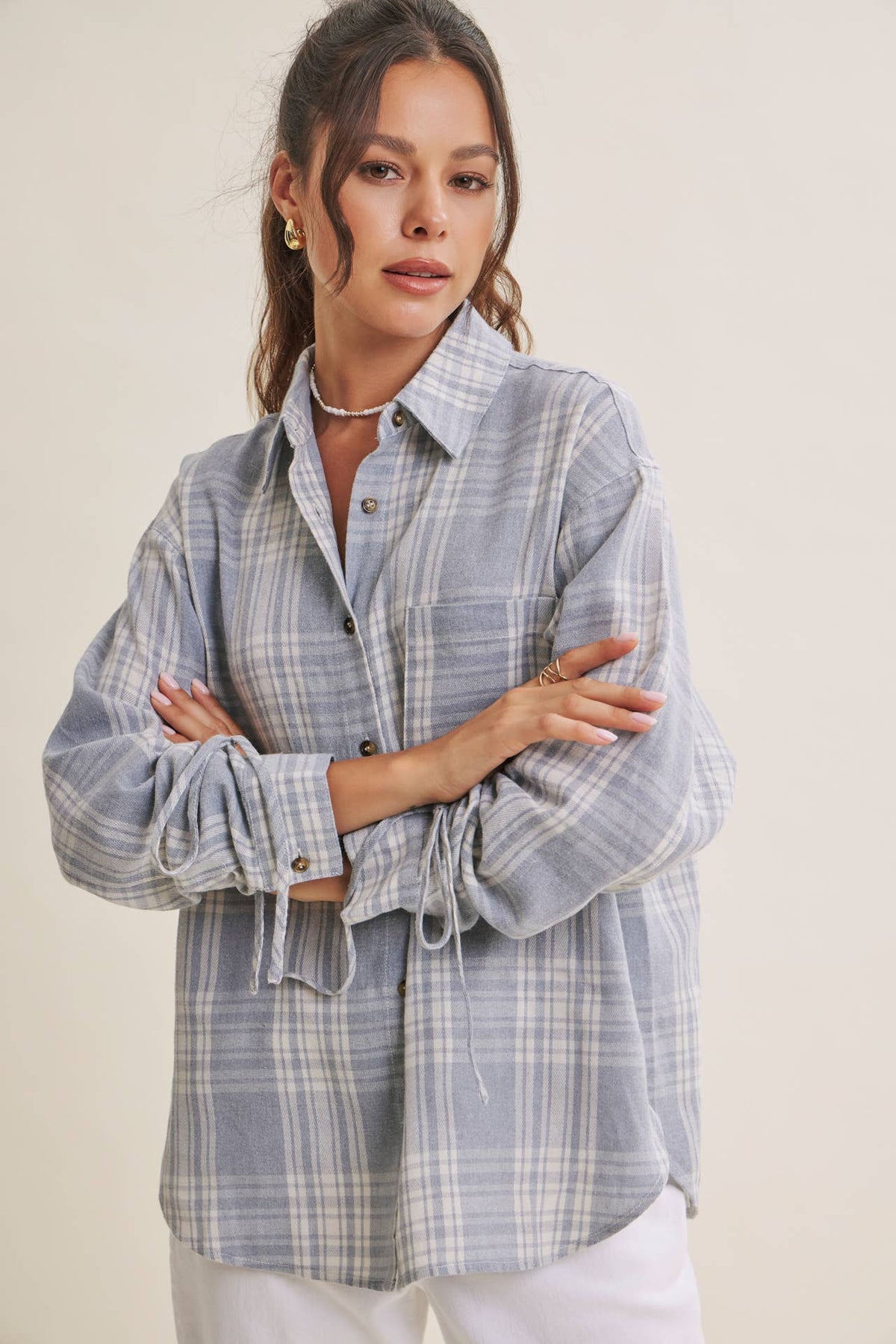 PLAID RUCHED SLEEVES SHIRT