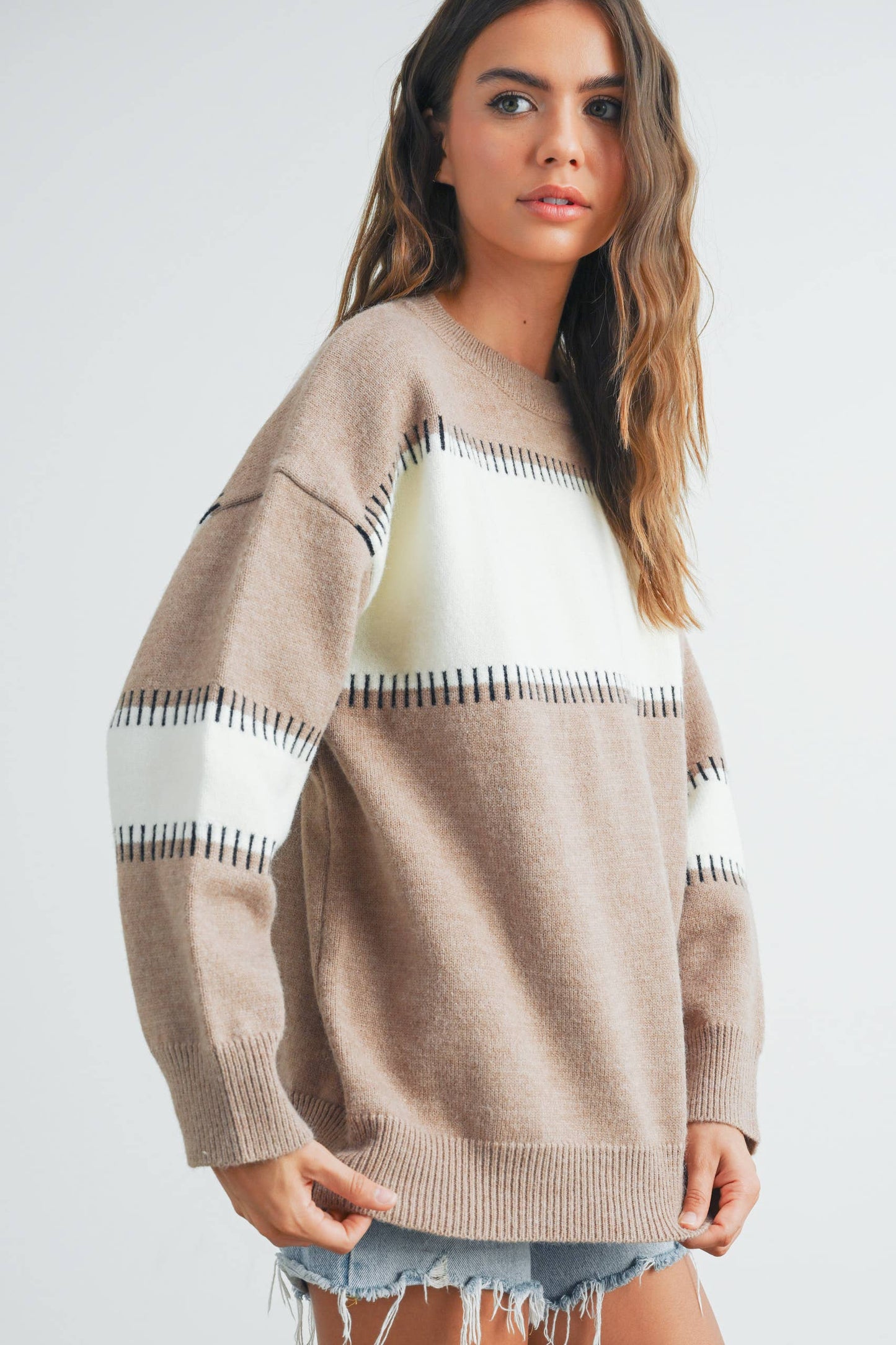 BLOCK STRIPED CREW NECK SWEATER