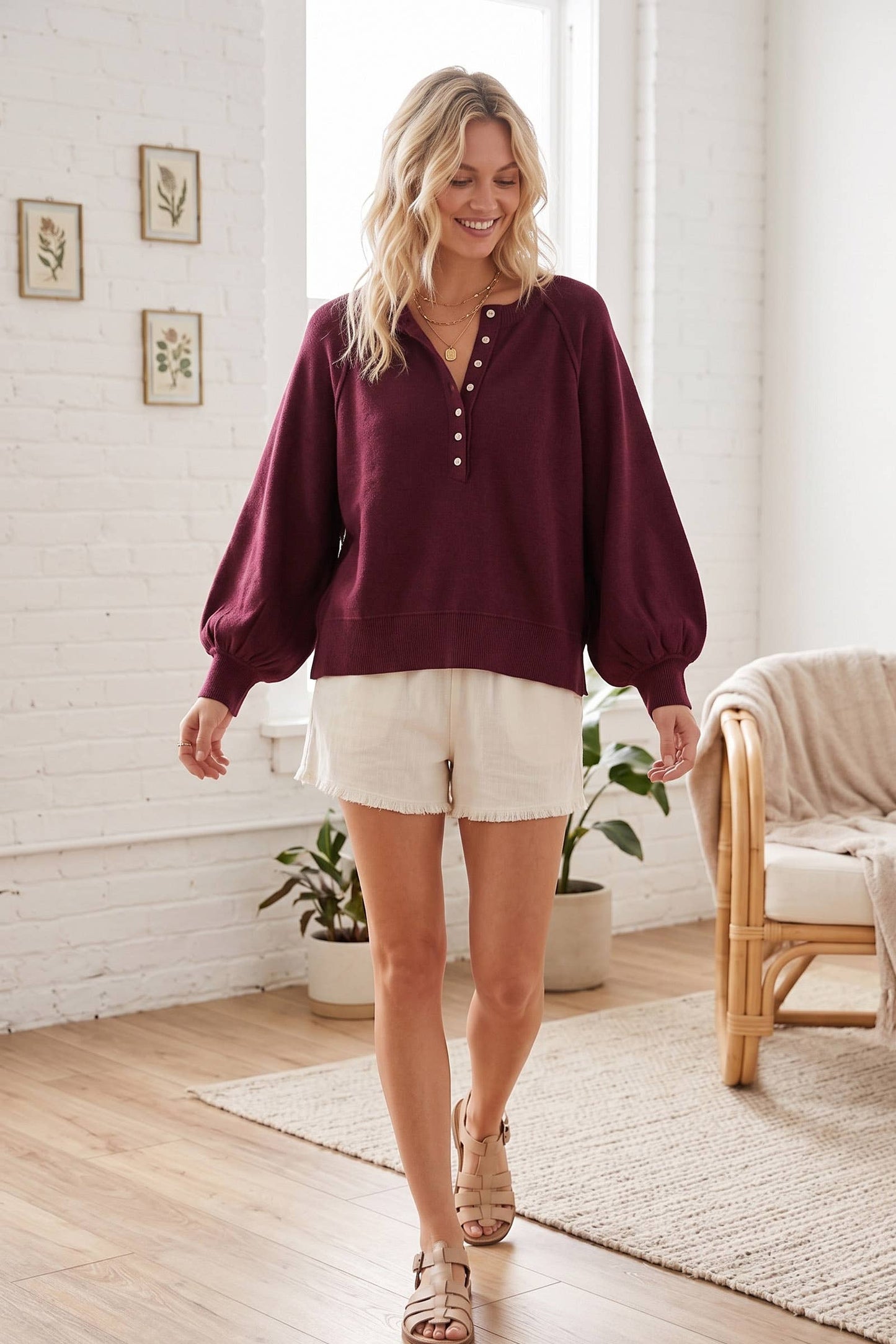 Henley Balloon Sleeve Sweater Top