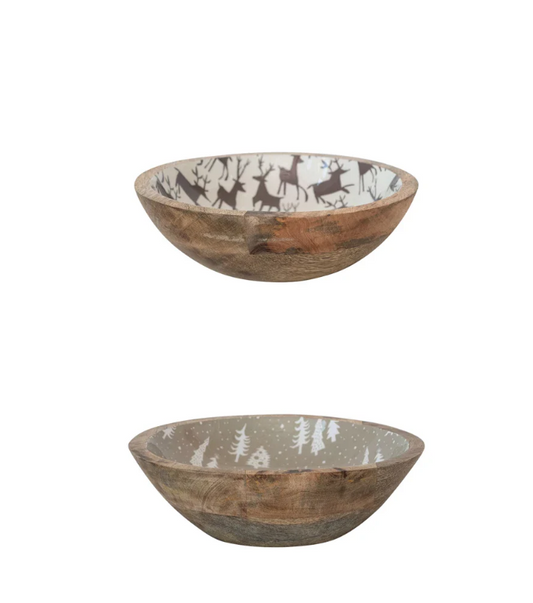 Enameled Mango Wood Bowls w/ Holiday Patterns