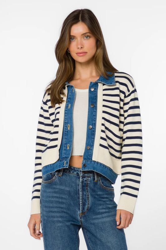 Denim Contrast Stripe Sweater Jacket