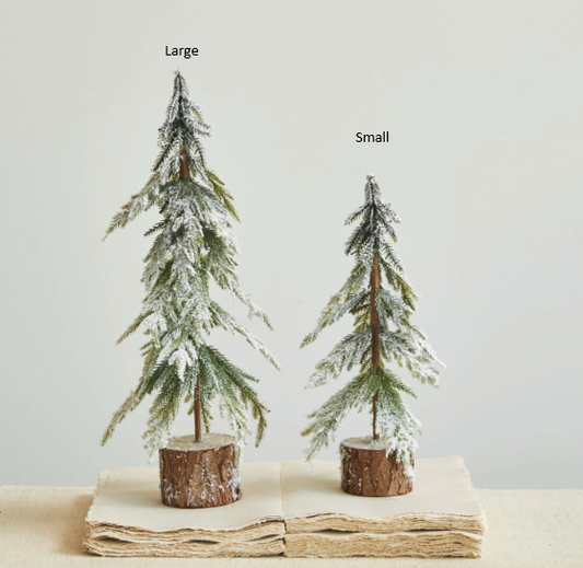 Faux Fir Tree w/ Wood Base, Snow Finish, Green