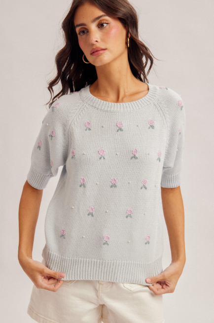 Floral Embroidered Pearl Top