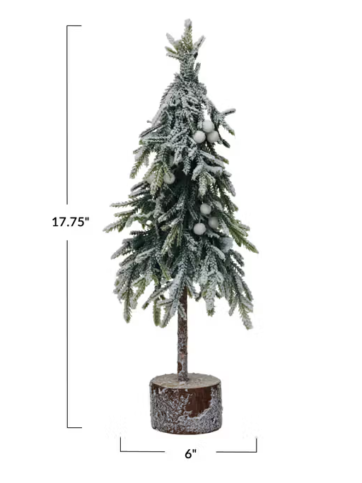 Faux Fir Tree w/ Wood Base, Snow Finish, Green