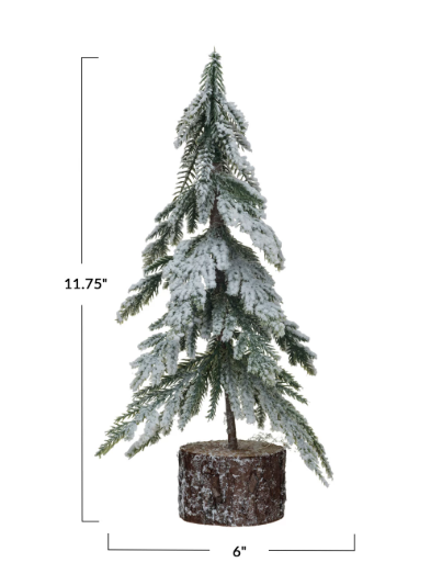 Faux Fir Tree w/ Wood Base, Snow Finish, Green