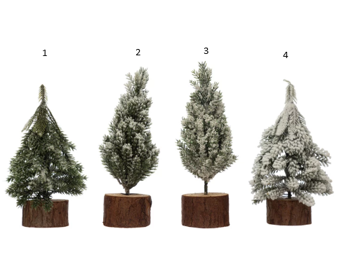 Faux Pine Tree with Wood Slice Base, Snow Finish