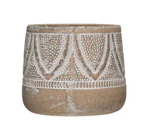 Embossed Terracotta Planter with Whitewash Finish