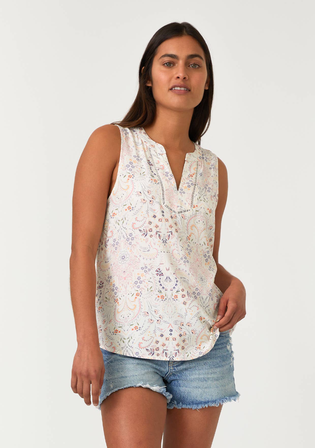 Floral Lattice Trim Split V Neck Tank Top