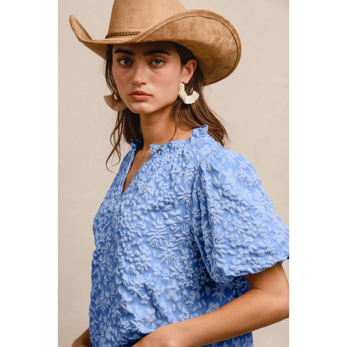 Floral Texture Ruffled V-Neck Blouse