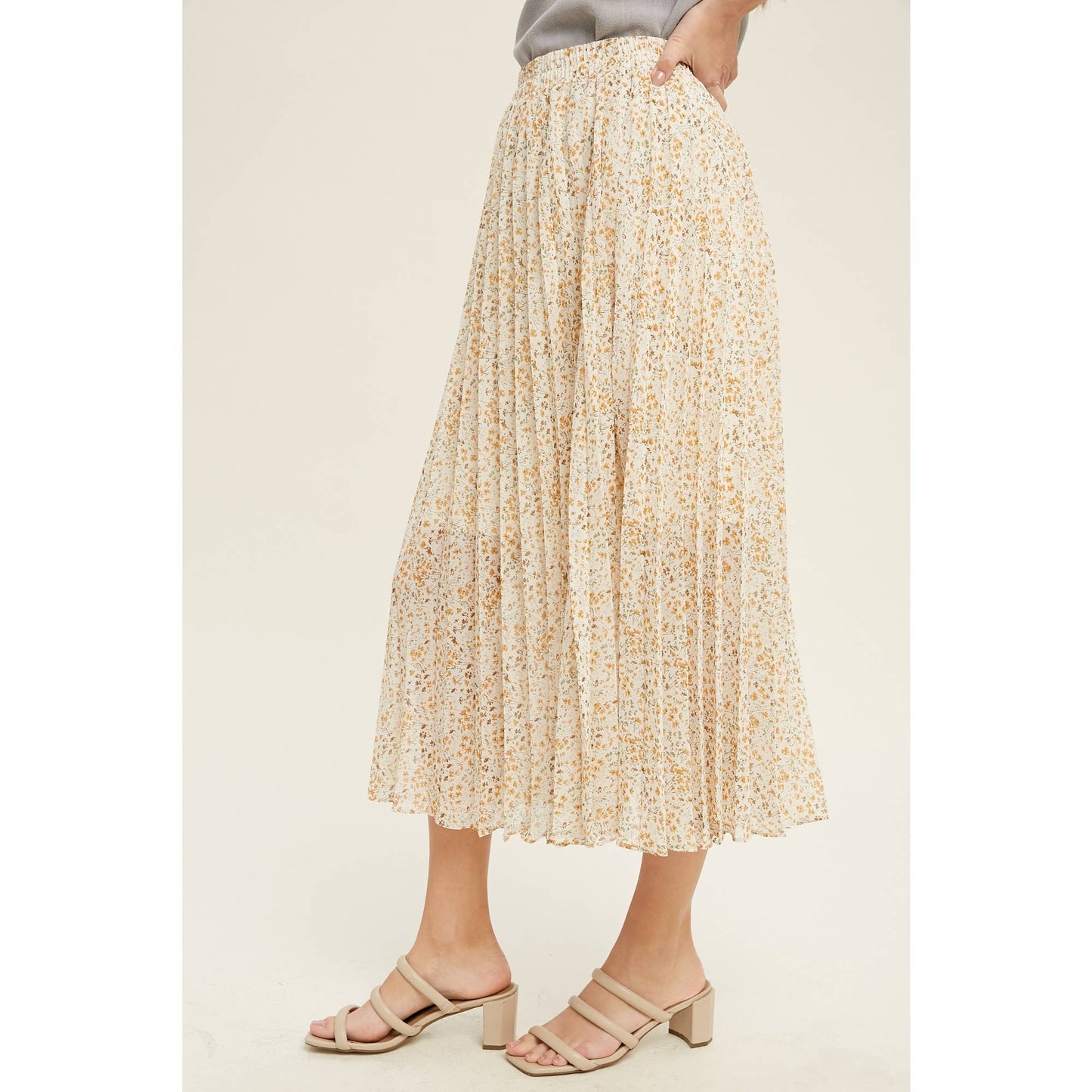 FLORAL PLEATED LINED MIDI SKIRT / WL22-6585