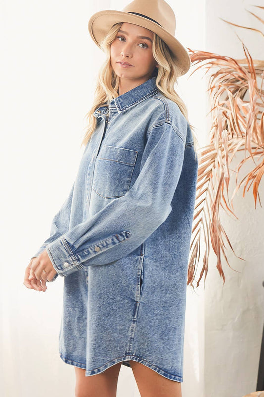 DENIM BUTTON DOWN SHIRT DRESS WITH POCKETS