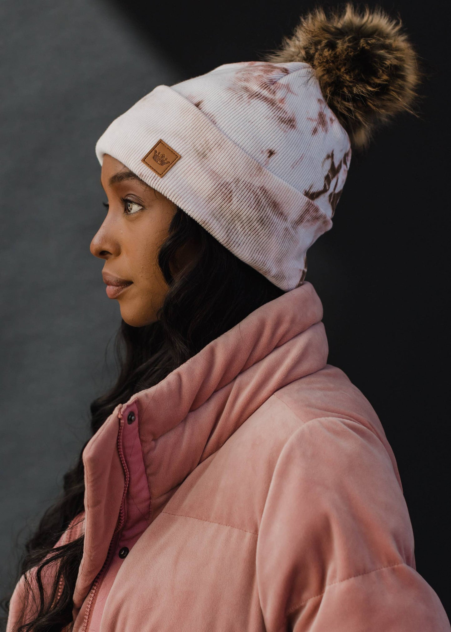 White & Brown Tie Dye Pom Hat