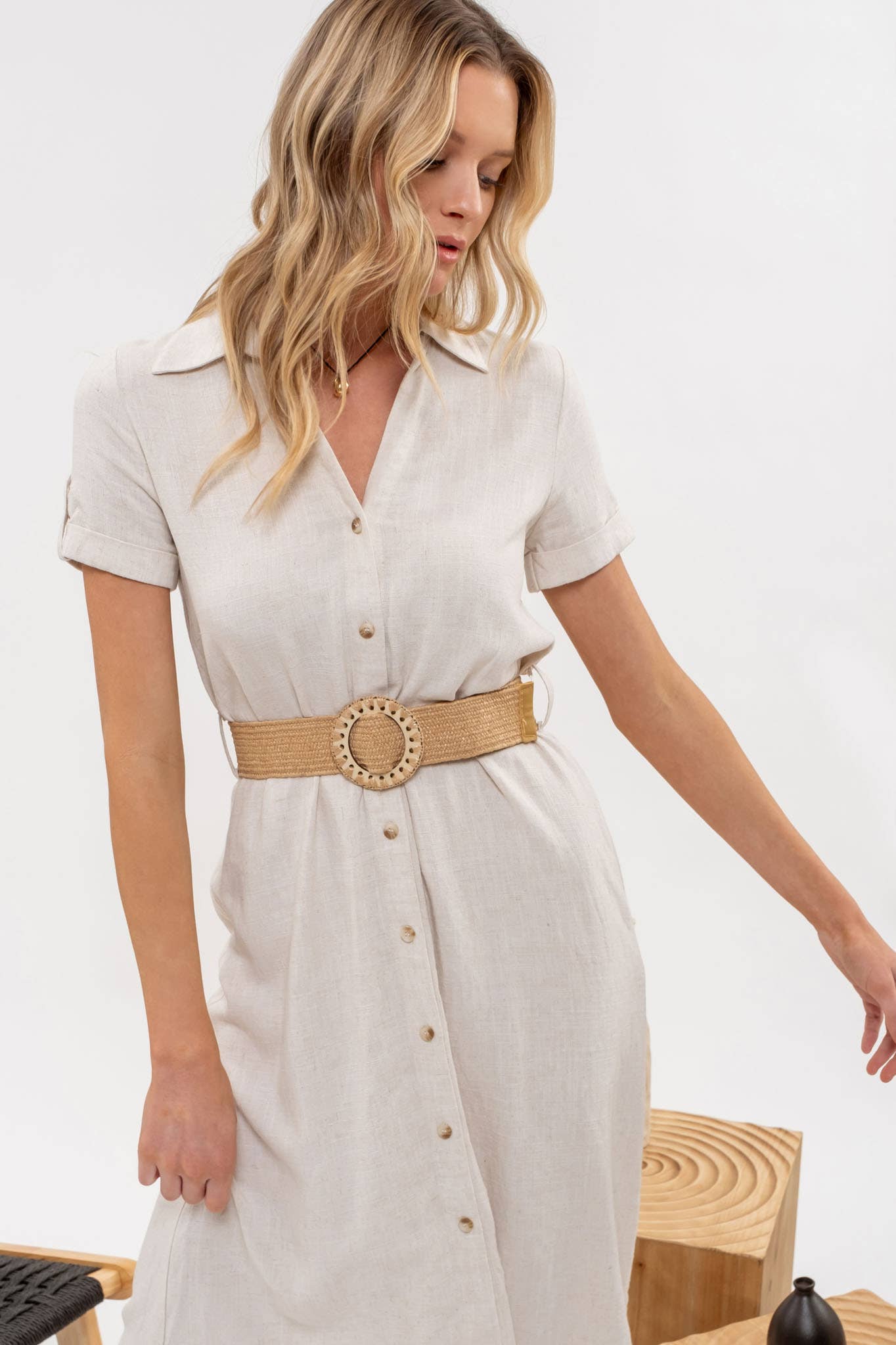 COLLARED BUTTON DOWN TAB SLEEVE BELTED MIDI DRESS