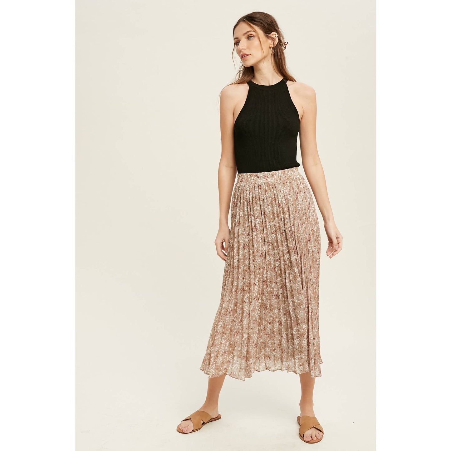 FLORAL PLEATED LINED MIDI SKIRT / WL22-6585