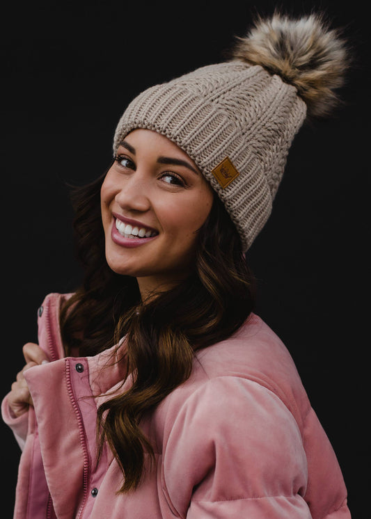 Tan Cable Knit Pom Hat