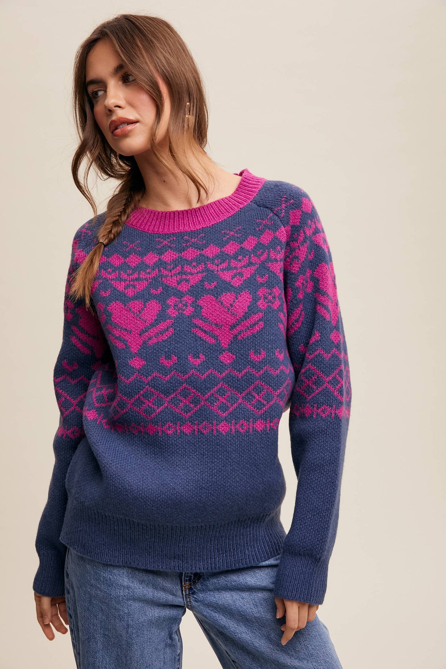 Fair Isle Heart Knit Pullover Sweater