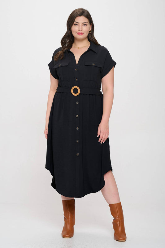 Plus Collared Button Down Belted Midi Dress