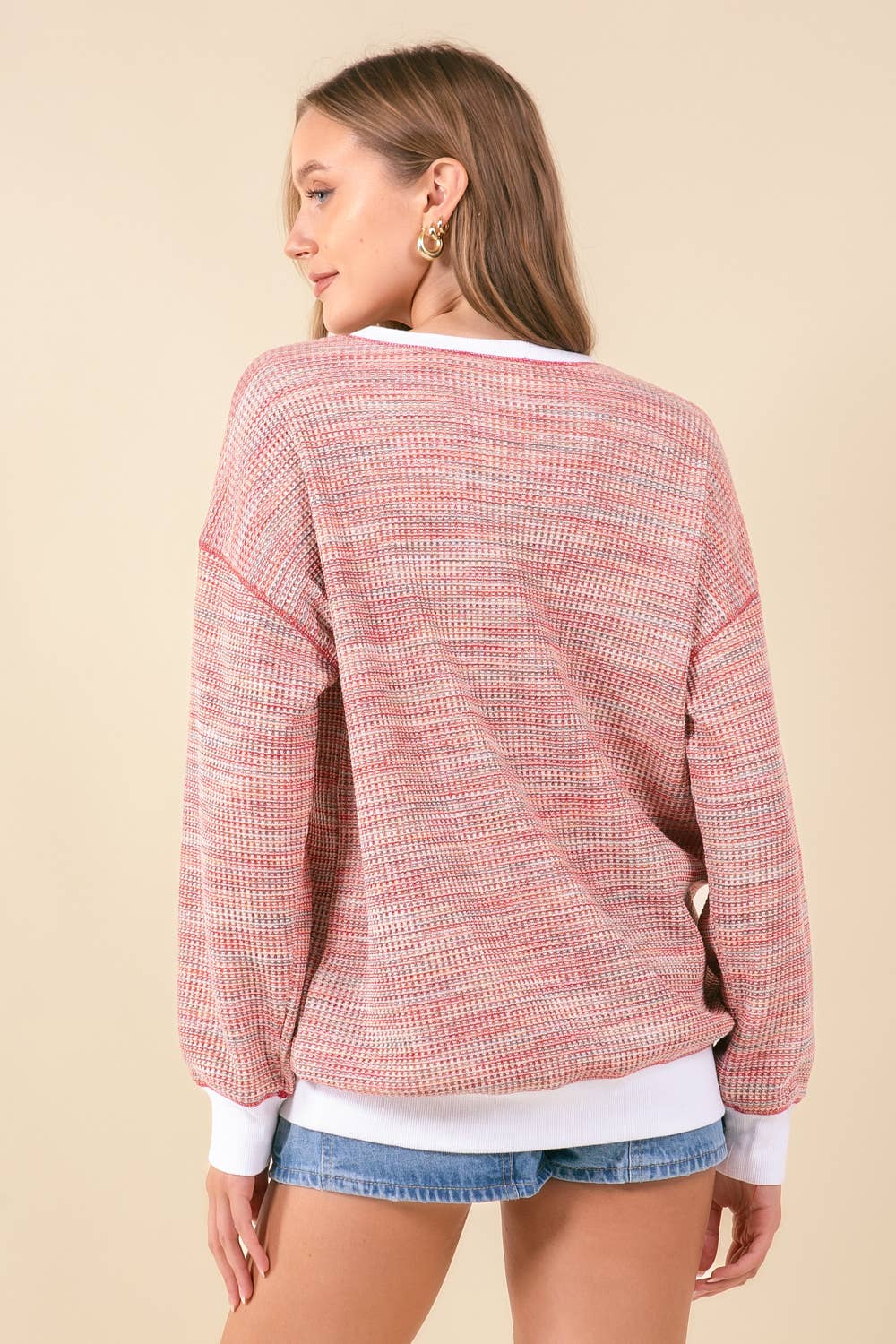 MULTI-COLORED WAFFLE KNIT DROP SHOULDER LONG SLEEVE - 44601T