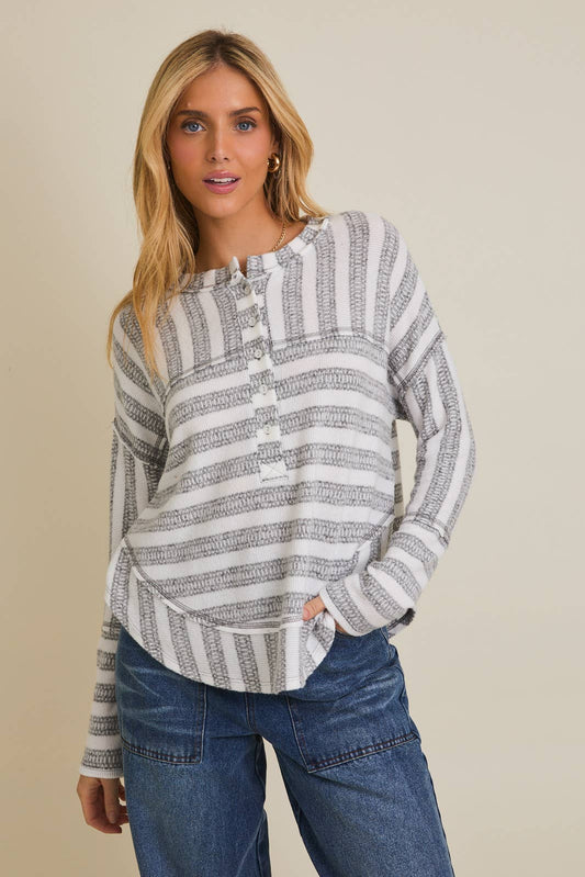 Long Sleeve Button Down Raw Edge Stripe Top