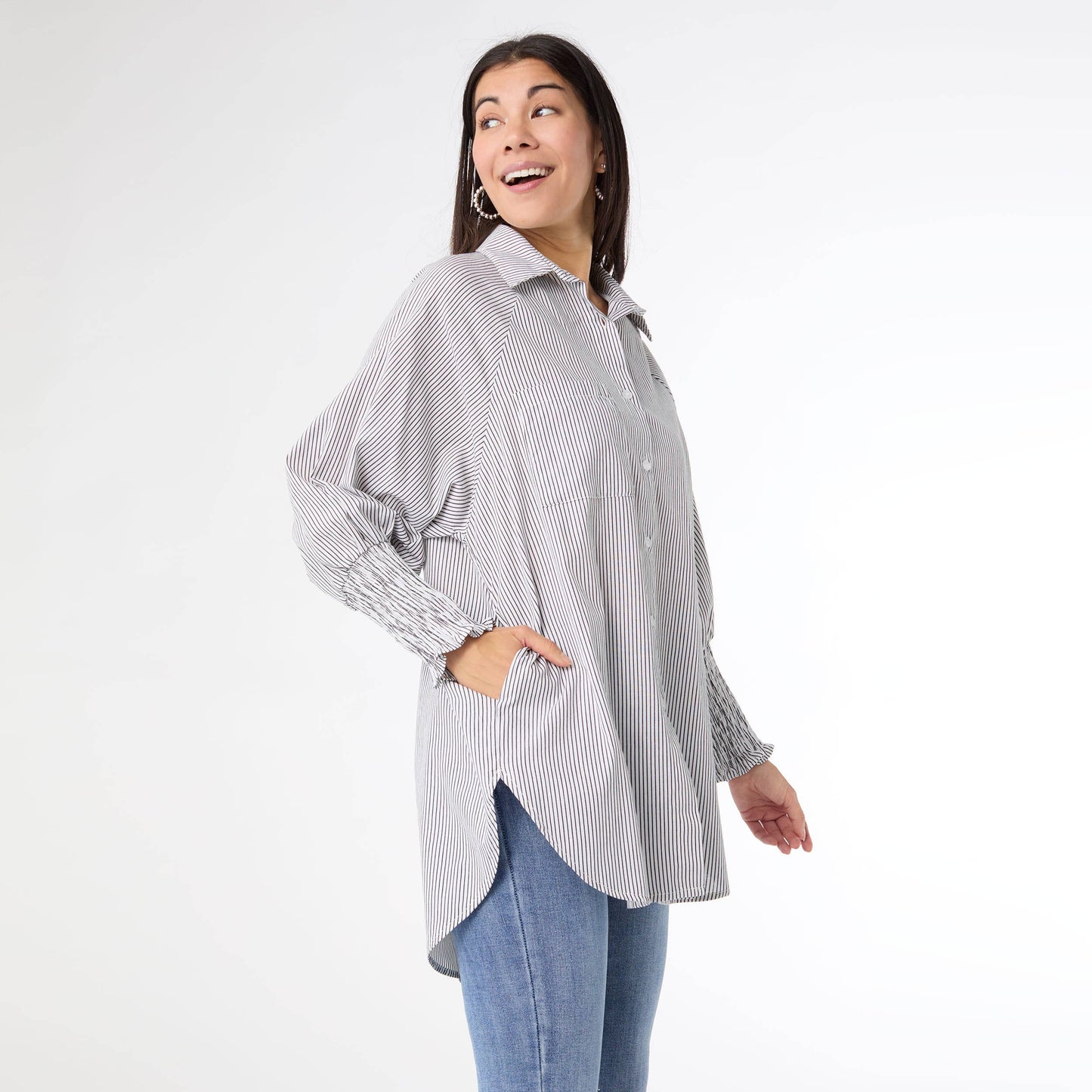 Tianna Striped Tunic Top with Cinched Sleeve